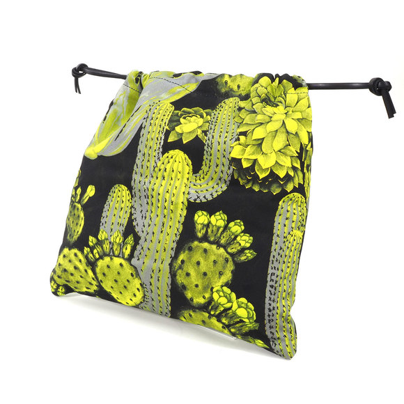 Loewe Drawstring Pouch Cactus Pattern Canvas Leather Black Yellow - Picture 2 of 8